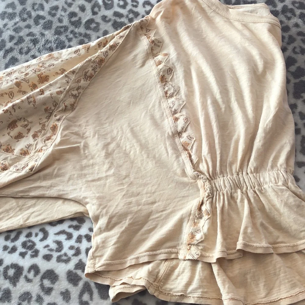 Free People Throwback Embroidered Volume Sleeve Top in Sand Combo Size Medium
